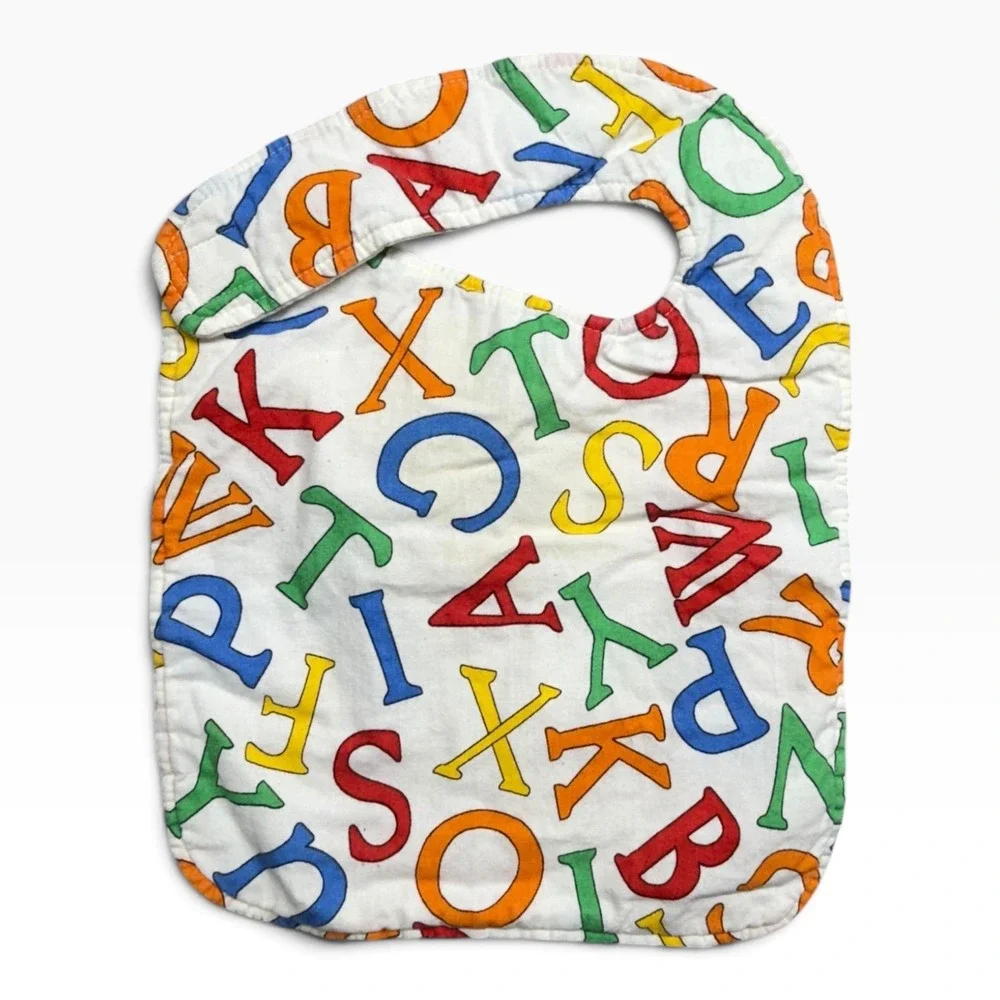 Vintage Style Quilted Baby Bib Alphabet Letter Print Primary Colors Multicolor